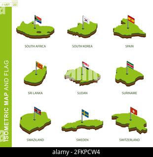 Set of 9 isometric map and flag, 3D vector isometric shape of South Africa, South Korea, Spain, Sri Lanka, Sudan, Suriname, Swaziland, Sweden, Switzer Stock Vector