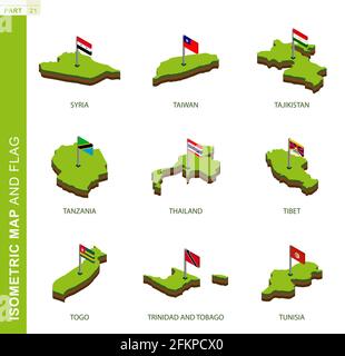 Set of 9 isometric map and flag, 3D vector isometric shape of Syria, Taiwan, Tajikistan, Tanzania, Thailand, Tibet, Togo, Tonga, Trinidad and Tobago, Stock Vector