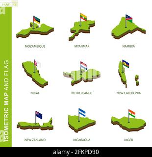 Set of 9 isometric map and flag, 3D vector isometric shape of Mozambique, Myanmar, Namibia, Nepal, Netherlands, New Caledonia, New Zealand, Nicaragua, Stock Vector