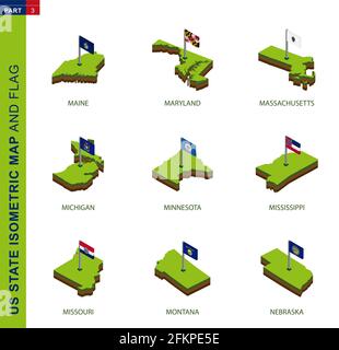 Set of 9 isometric US state maps and flags, 3D vector isometric shape of Maine, Maryland, Massachusetts, Michigan, Minnesota, Mississippi, Missouri, M Stock Vector