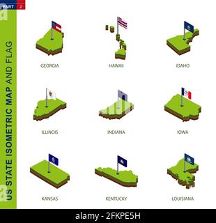 Set of 9 isometric US state maps and flags, 3D vector isometric shape of Georgia, Hawaii, Idaho, Illinois, Indiana, Iowa, Kansas, Kentucky, Louisiana Stock Vector