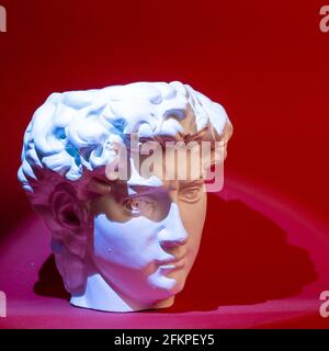 Gypsum statue of David's head. Michelangelo's David statue plaster copy. Stock Photo