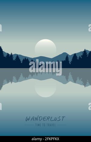 time to travel peaceful lake with mountain and forest view Stock Vector