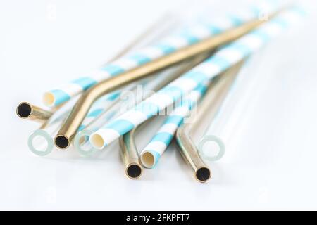 Reusable tubules for drinks, eco drinking straws without plastic, concept of sustainability, white background, isolated Stock Photo