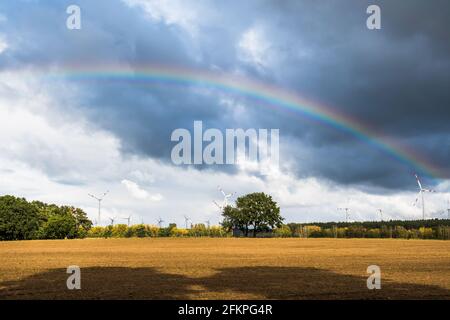 A multicolored rainbow over a field of wind turbines and a cloudy sky on a late afternoon. Copy space. Stock Photo