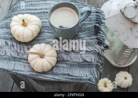 Cup of coffee and mini white pumpkins on a woolen scarf on a block of oak wood on a veranda Stock Photo