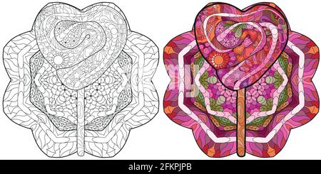 Vector lollipop with abstract ornaments on a patterned round substrate. Hand drawn illustration for coloring, for t-shirt and other decoration. Color Stock Vector