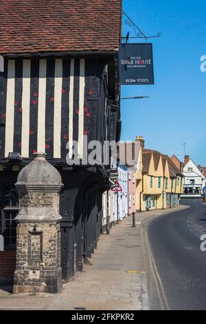 View of the Old Siege House in Colchester, a C16 building still showing bullet holes in its timbers from the Siege of Colchester (1648), Essex, UK Stock Photo