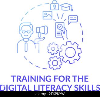 Training for the digital literacy skills dark blue concept icon. Navigating social media cyberspace. Digital inclusion idea thin line illustration. Ve Stock Vector