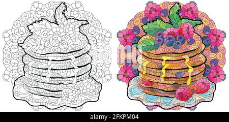 Vector pancakes with raspberries, blueberries and mint leaves on mandala. Hand drawn illustration for coloring, for t-shirt in zentangle, doodle style Stock Vector