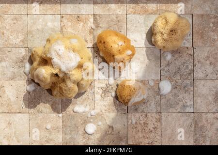 Zero waste bathroom accessories - natural sea four sponges with  soap foam on earth toned stone tales top view Stock Photo