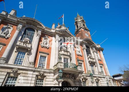 Colchester Town Hall, view of the baroque styled victorian Town Hall building (1897) and clock tower in Colchester High Street, Essex, England, UK Stock Photo