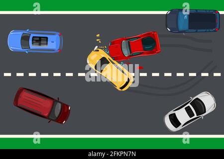 Two car accident top view.  Vehicle collision on road. Car crash concept. Highroad with crashed transport. Auto insurance. Stock vector illustration Stock Vector