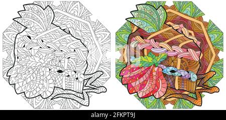 Vector piece of cake with abstract ornaments on a patterned round substrate for coloring. Hand drawn illustration for t-shirt in zentangle, doodle sty Stock Vector
