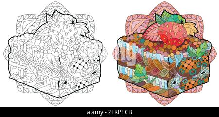 Vector piece of cake with abstract ornaments on mandala for coloring. Hand drawn illustration for t-shirt in zentangle, doodle style. Stock Vector