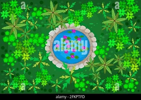 Aerial view of natural pond surrounded by forest.Top view of trees and lake in jungle.Landscape of the reservoir in the wood.Stock vector illustration Stock Vector