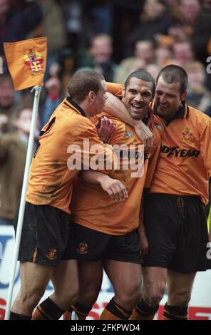 Wolves footballer Don Goodman celebrates his goal with Darren Ferguson ...