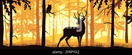 Horizontal banner of deer with antlers posing, forest background, silhouettes of trees. Magical misty landscape. Orange and yellow illustration. Bookm Stock Vector