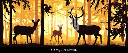Horizontal banner of forest landscape. Deer with doe and fawn in magic misty forest. Squirrel on branch. Silhouettes of trees and animals. Black and o Stock Vector