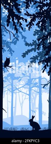 Vertical banner with forest background. Hare on ground, owl on tree. Magical misty landscape with silhouettes of trees. Blue illustration. Bookmark. Stock Vector