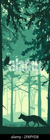 Vertical banner of forest landscape. Fox and owl in magic misty forest. Silhouettes of trees and animals. Blue, green, black background, illustration. Stock Vector