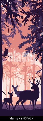 Vertical banner of forest landscape. Deer with doe and fawn in magic misty forest. Squirrel on branch. Silhouettes of trees and animals. Pink, orange, Stock Vector