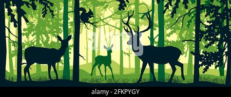 Horizontal banner of forest landscape. Deer with doe and fawn in magic misty forest. Squirrel on branch. Silhouettes of trees and animals. Green backg Stock Vector