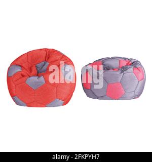 Two colored armchair bags in the form of a soccer ball on white background. 3d rendering Stock Photo