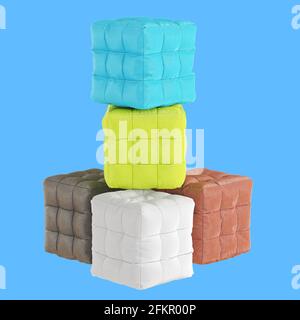 Square multicolored poufs standing in a pyramid on blue background. 3d rendering Stock Photo