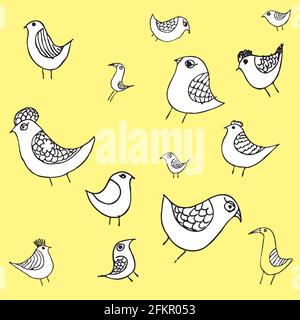 Birds seamless pattern in yellow Trending colors 2021 illumination. Vector birds hand painted. Stock Vector