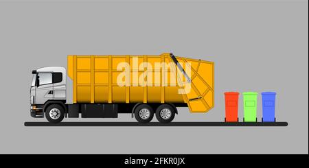 Garbage truck and municipal garbage cans. Waste sorting and recycling. Flat vector illustration. Stock Vector