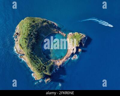 Azores aerial panoramic view. Top view of Islet of Vila Franca do Campo. Crater of an old underwater volcano. San Miguel island, Azores, Portugal. Hea Stock Photo