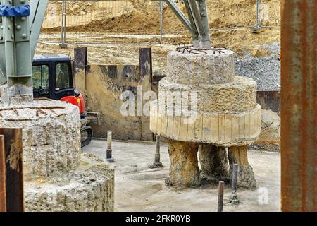 High voltage pylon, maintenance, foundation work, reinforcement Stock Photo