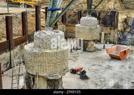 High voltage pylon, maintenance, foundation work, reinforcement Stock Photo