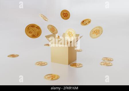 3d gold bank. Bitcoin symbol. Surprise inside open box isolated on white background abstract with golden bitcoins. Stock Photo