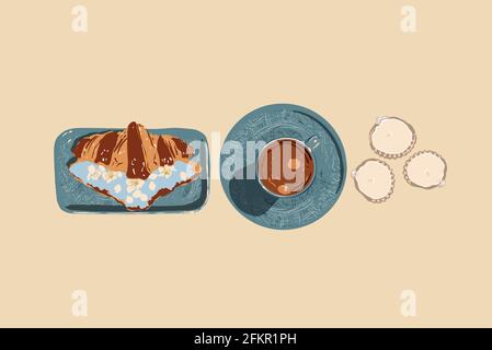 French style aesthetic breakfast. Croissant with blue cheese and flowers on plate and coffee espresso. Vector illustration. Top view. Flat style. Stock Vector