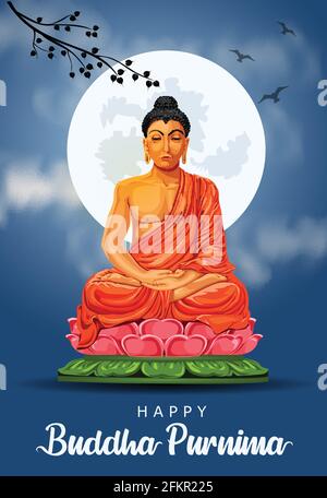 Happy Vesak Day, Buddha Purnima wishes greetings with buddha and lotus illustration. Can be used for poster, banner, logo, background, greetings, prin Stock Vector