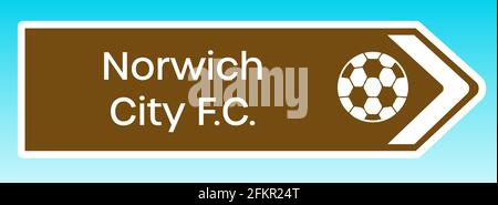 Norwich, United Kingdom - May 08 2020:  A graphic illlustration of a British tourist road sign pointing to the home ground of Norwich City FC Stock Photo