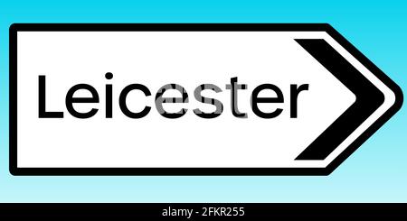 A graphic illlustration of a British road sign pointing to Leicester Stock Photo