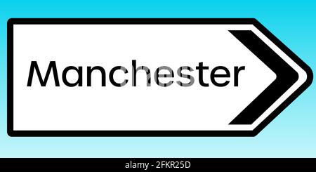 A graphic illlustration of a British road sign pointing to Manchester Stock Photo