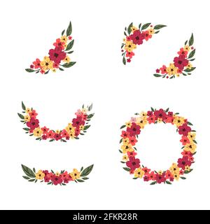 Set of beautiful red yellow and pink flowers arrangement with green leaves isolated vector on white background. Colorful floral element for wedding, g Stock Vector