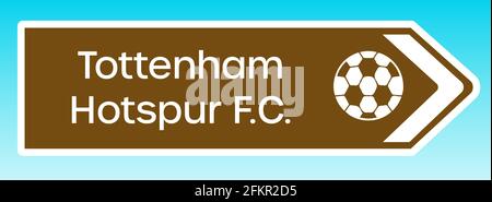 London, United Kingdom - May 08 2020:  A graphic illlustration of a British tourist road sign pointing to the home ground of Tottenham Hotspur FC Stock Photo