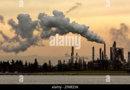 WA19565-00...WASHINGTON - Smoke produced at oil refineries at March Point on Fidalgo Bay near Anacortes. Stock Photo