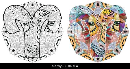 Aries zodiac sign with mandala, astrology concept art for coloring. Color and outline set Stock Vector