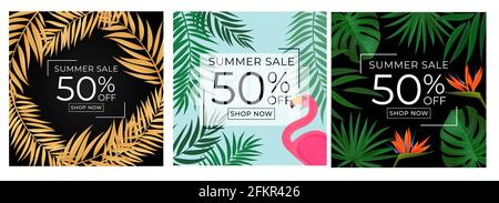 Abstract Summer Sale Background with palm leaves and flamingo collection set. Vector Illustration Stock Vector