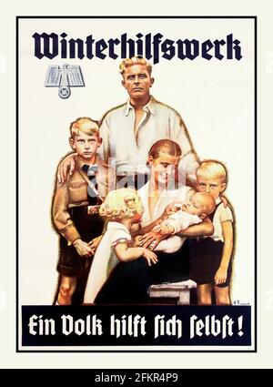 Nazi Propaganda original vintage poster WINTERHILFSWERK - EIN VOLK HILFT SICH SELBST!  WINTER RELIEF WORK - A PEOPLE HELPS ITSELF” Image of an ideal Aryan family with eagle holding a swastika in the top left corner. The Winterhilfswerk des Deutschen Volkes (English: 'Winter Relief of the German People'), commonly known by its abbreviated form Winterhilfswerk or WHW, was an annual drive by the Nationalsozialistische Volkswohlfahrt (National Socialist People’s Welfare Organization) to help finance charitable work in the Third Reich. Its slogan was 'None shall starve or freeze'.Germany. Year 1930 Stock Photo