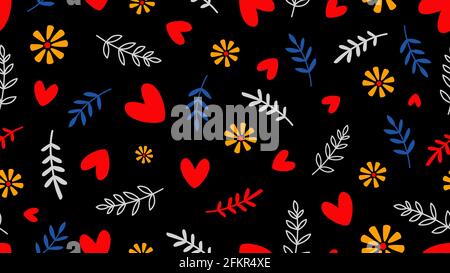 Romantic background. Seamless pattern with hearts and floral elements. Doodle branches, flowers vector texture Stock Vector