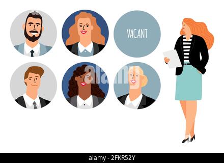 HR management. Business woman finding workers. We are hiring vector concept Stock Vector