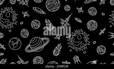 Space pattern. Doodle planets and spaceships seamless texture. Vector universe background Stock Vector