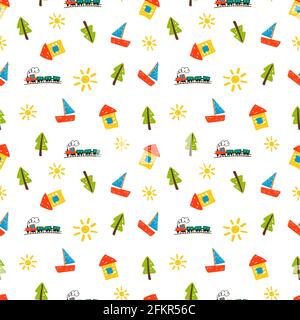 Kids drawing. Home, ship and suns background. Bright simple children art vector seamless pattern Stock Vector